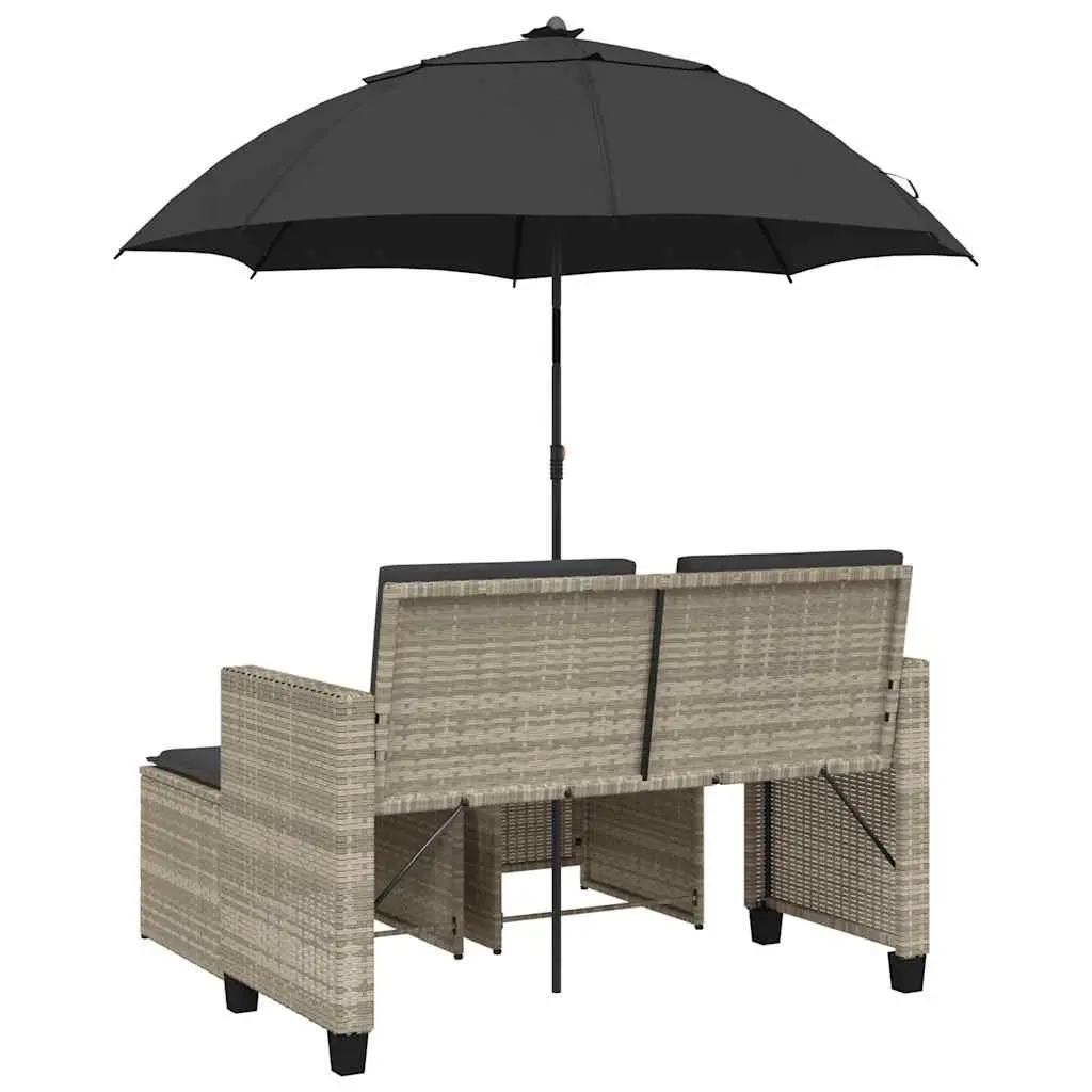 Outdoor Poly Rattan Garden Sofa Set Light Grey 2-Seater with Adjustable Parasol and Footstools for Patio or Terrace