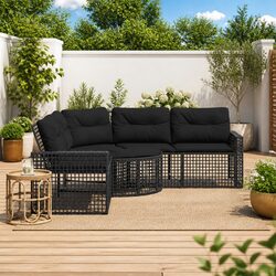 L-Shaped Garden Sofa with Footstool Outdoor Seating Black Poly Rattan Cushions