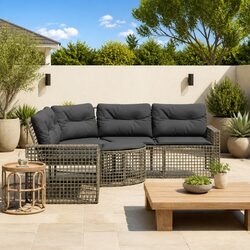L-Shaped Garden Sofa with Footstool Grey Poly Rattan Outdoor Patio Furniture