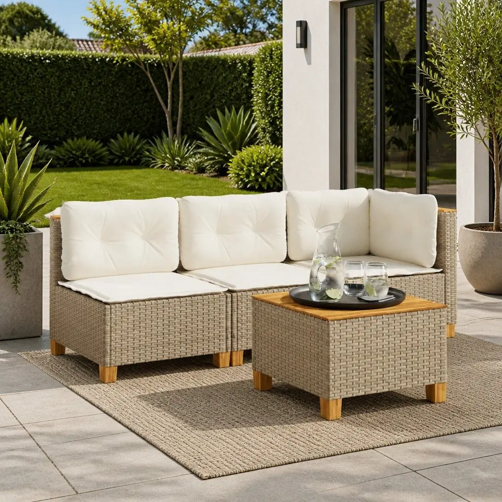 Armless Garden Sofa Outdoor Seating Beige Poly Rattan with Thick Cushions