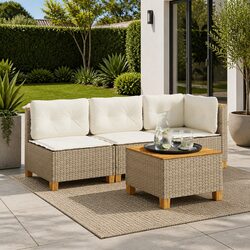 Outdoor Sofa Armless Garden Lounge Seating with Thick Cushions Beige Poly Rattan