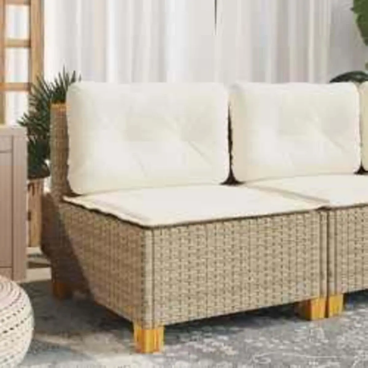 Armless Garden Sofa Outdoor Seating Beige Poly Rattan with Thick Cushions