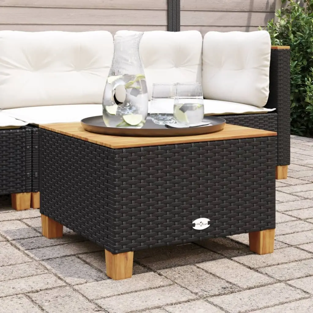 Garden Outdoor Table Black 55x55x36cm Poly Rattan Acacia Wood Top