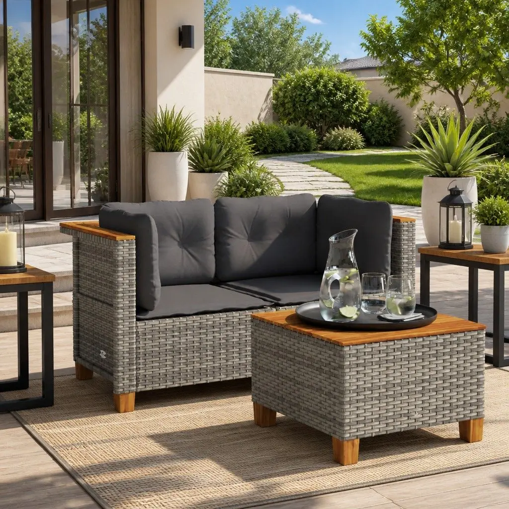 Outdoor Corner Sofa Set for Garden 2 Piece Grey Poly Rattan