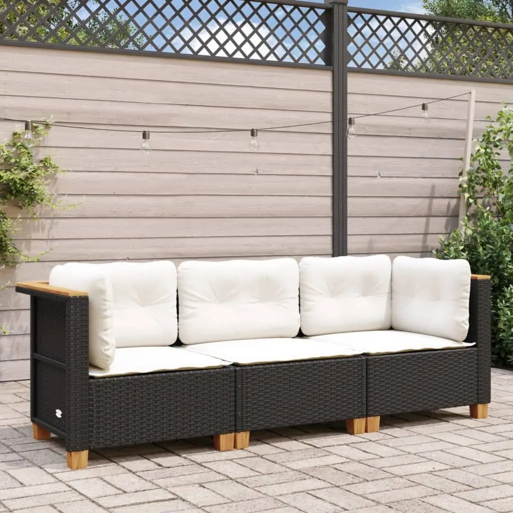 3-Seater Outdoor Garden Sofa for Patio Black Poly Rattan with Cushions