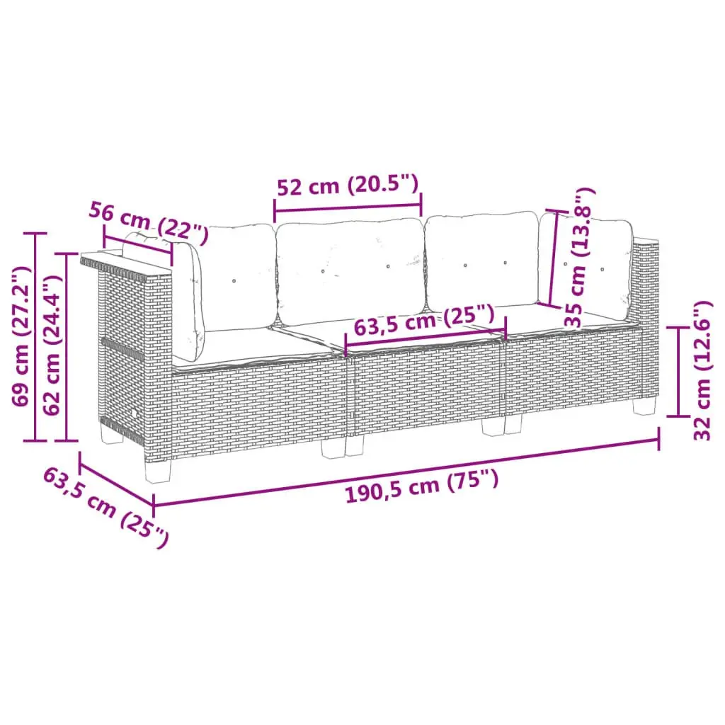 3-Seater Outdoor Garden Sofa for Patio Black Poly Rattan with Cushions