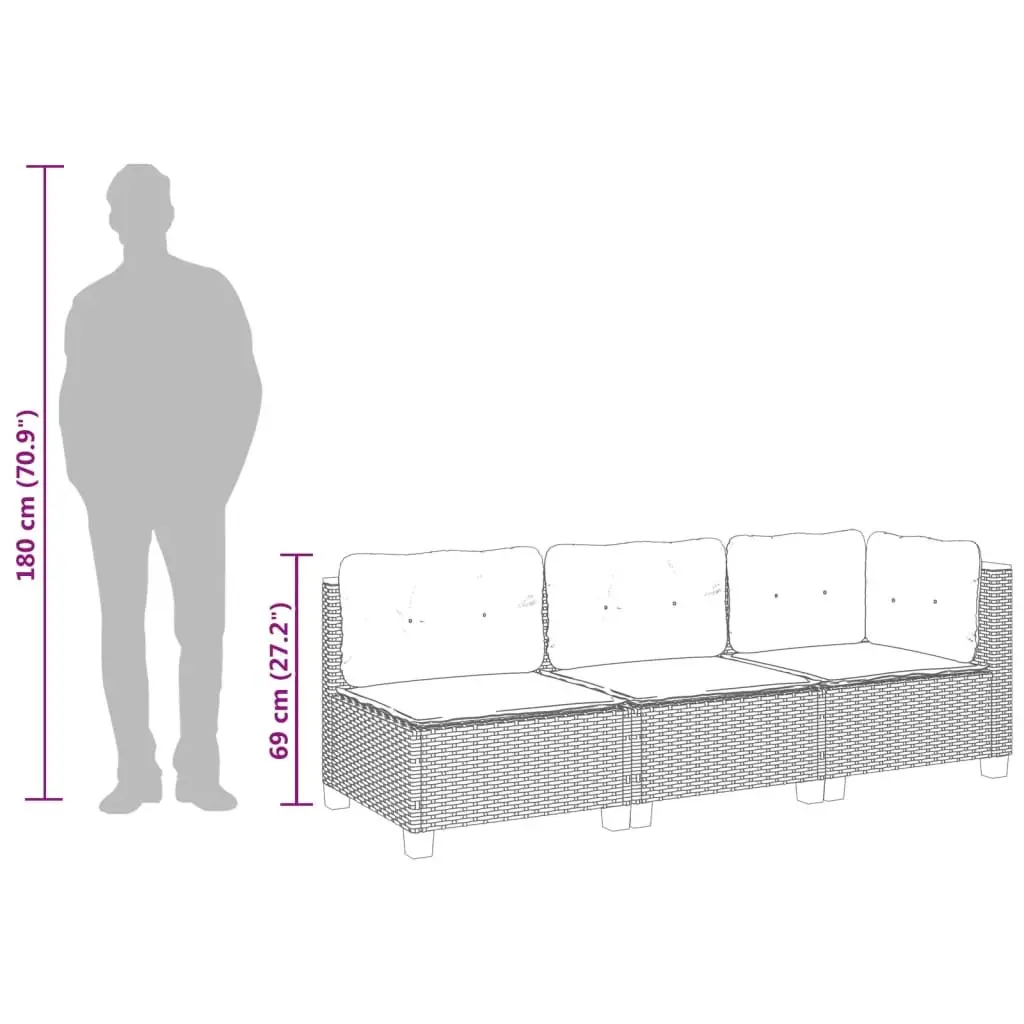 Outdoor Lounge Sofa 3-Seater for Garden with Removable Cushions in Black PE Rattan
