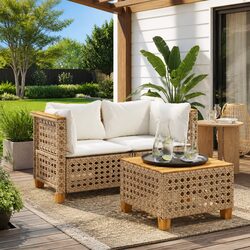 Outdoor Corner Sofa Set 2pcs Garden Lounge Seating with Cushions Beige Poly