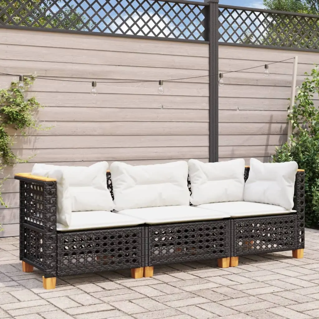 3 Seater Garden Lounge Sofa Black PE Rattan with Cushions Modular Outdoor Furniture