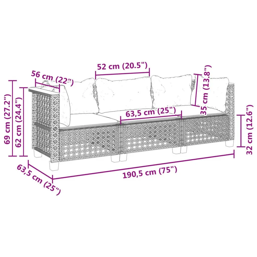 3 Seater Garden Lounge Sofa Black PE Rattan with Cushions Modular Outdoor Furniture