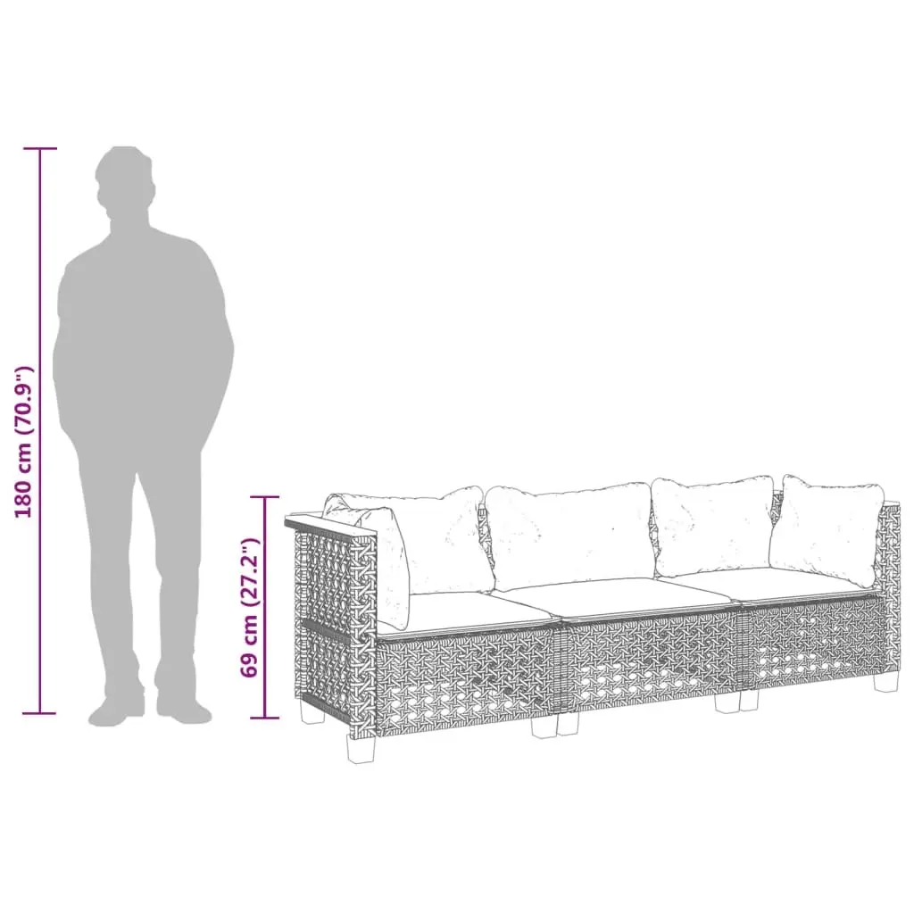 3 Seater Garden Lounge Sofa Black PE Rattan with Cushions Modular Outdoor Furniture