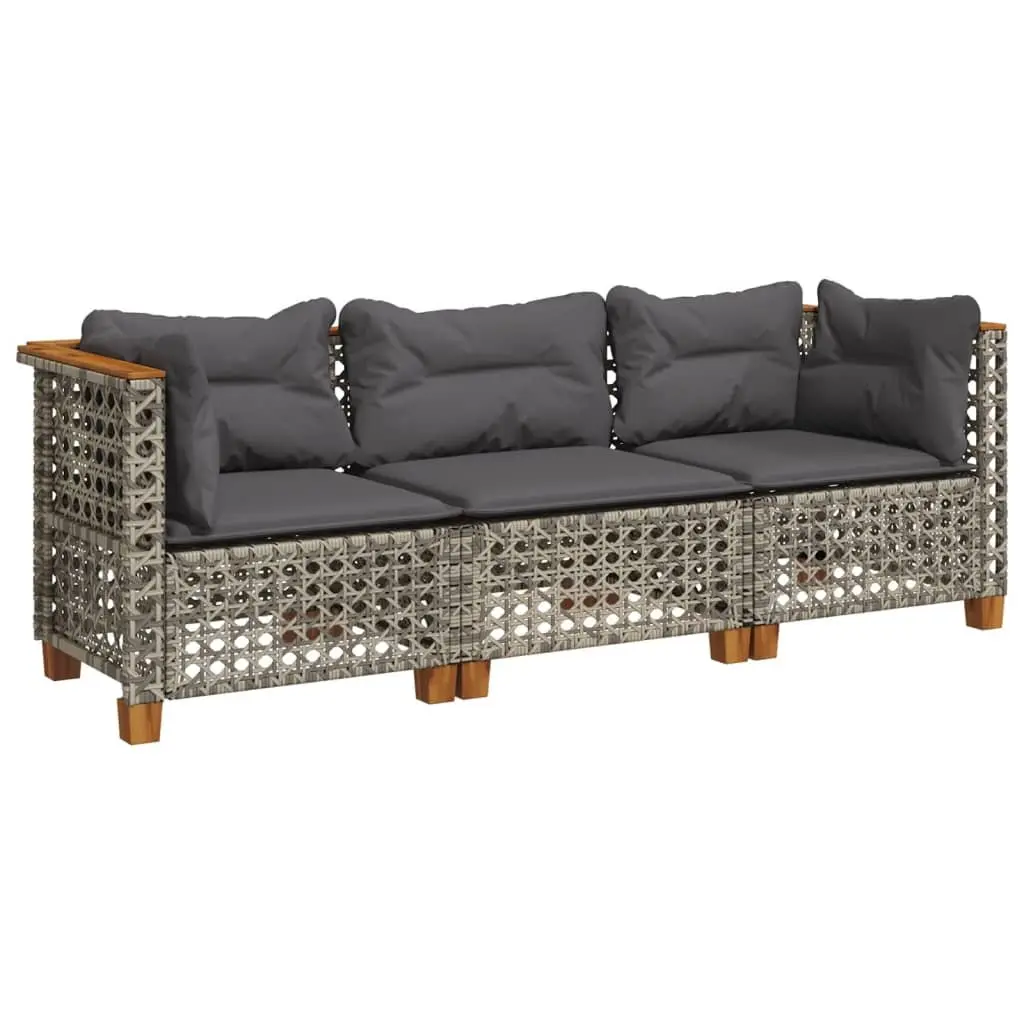 3-Seater Outdoor Garden Sofa for Patio Grey Poly Rattan with Cushions