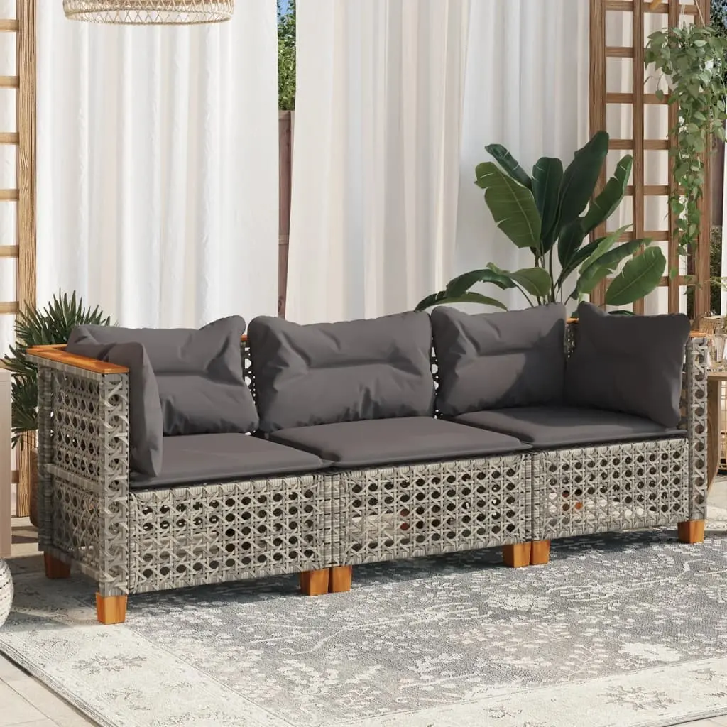 3-Seater Outdoor Garden Sofa for Patio Grey Poly Rattan with Cushions
