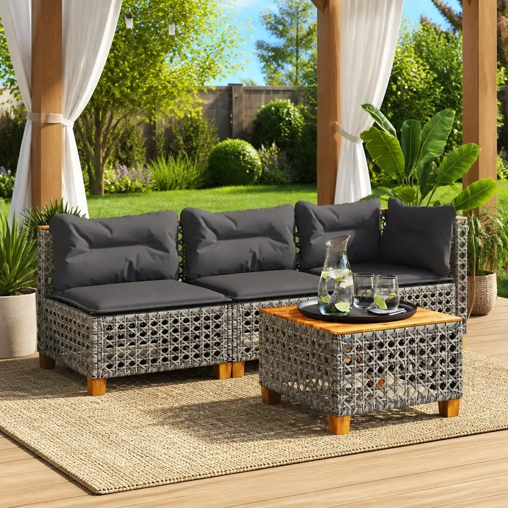 3 Seater Modular Outdoor Sofa for Garden in Grey Poly Rattan with Cushions