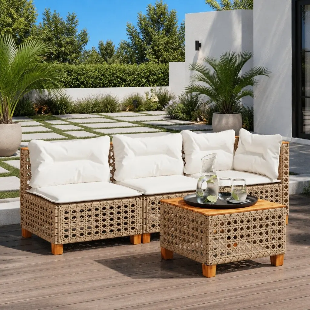 Outdoor Garden Sofa 3-Seater with Cushions Beige PE Rattan Lounge Furniture