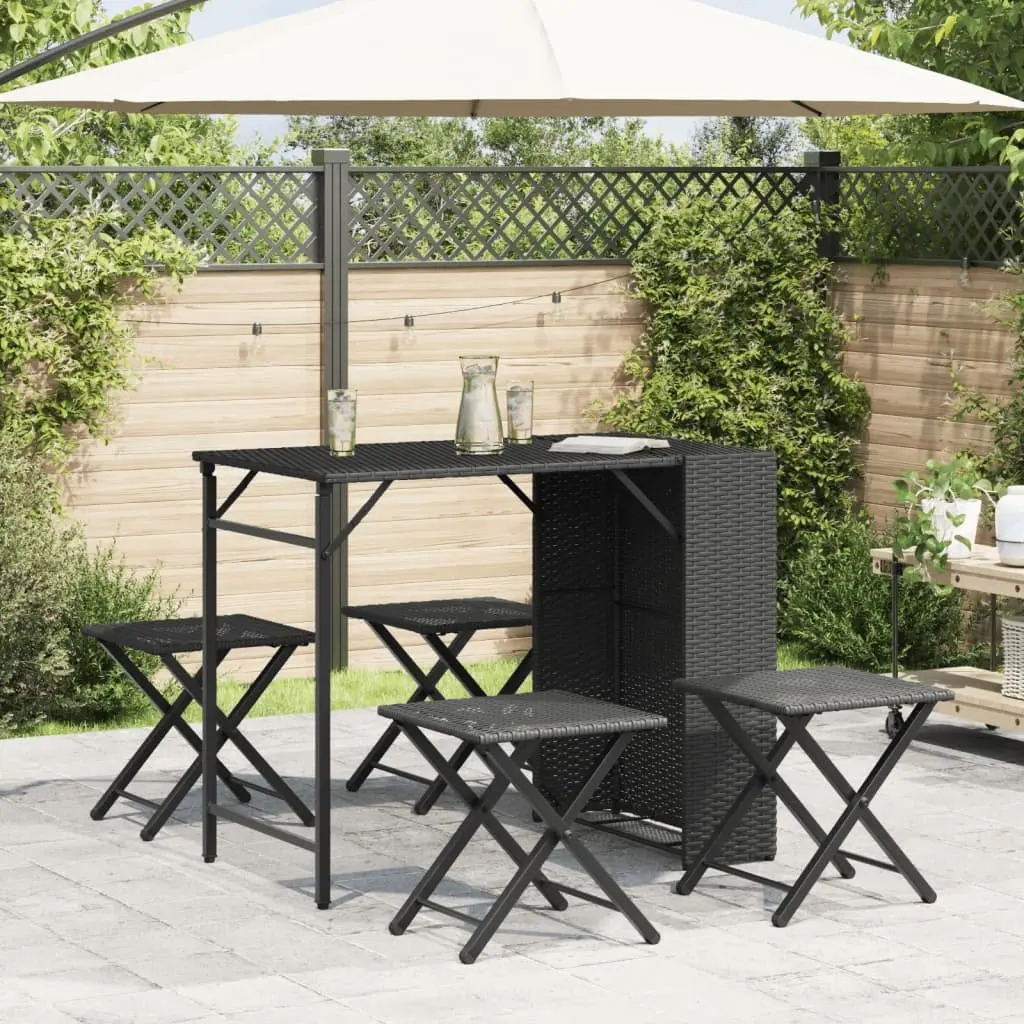 5-Piece Foldable Black Garden Dining Set with Stools