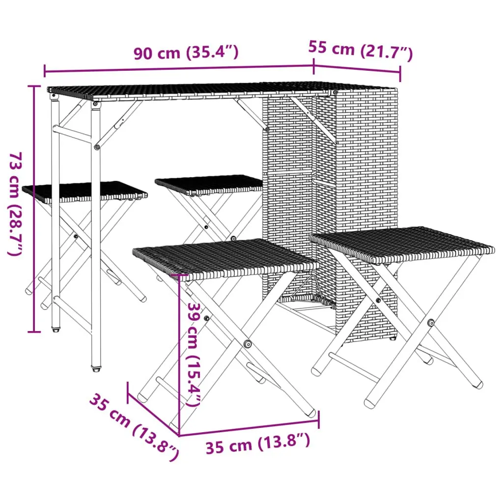 5-Piece Foldable Black Garden Dining Set with Stools