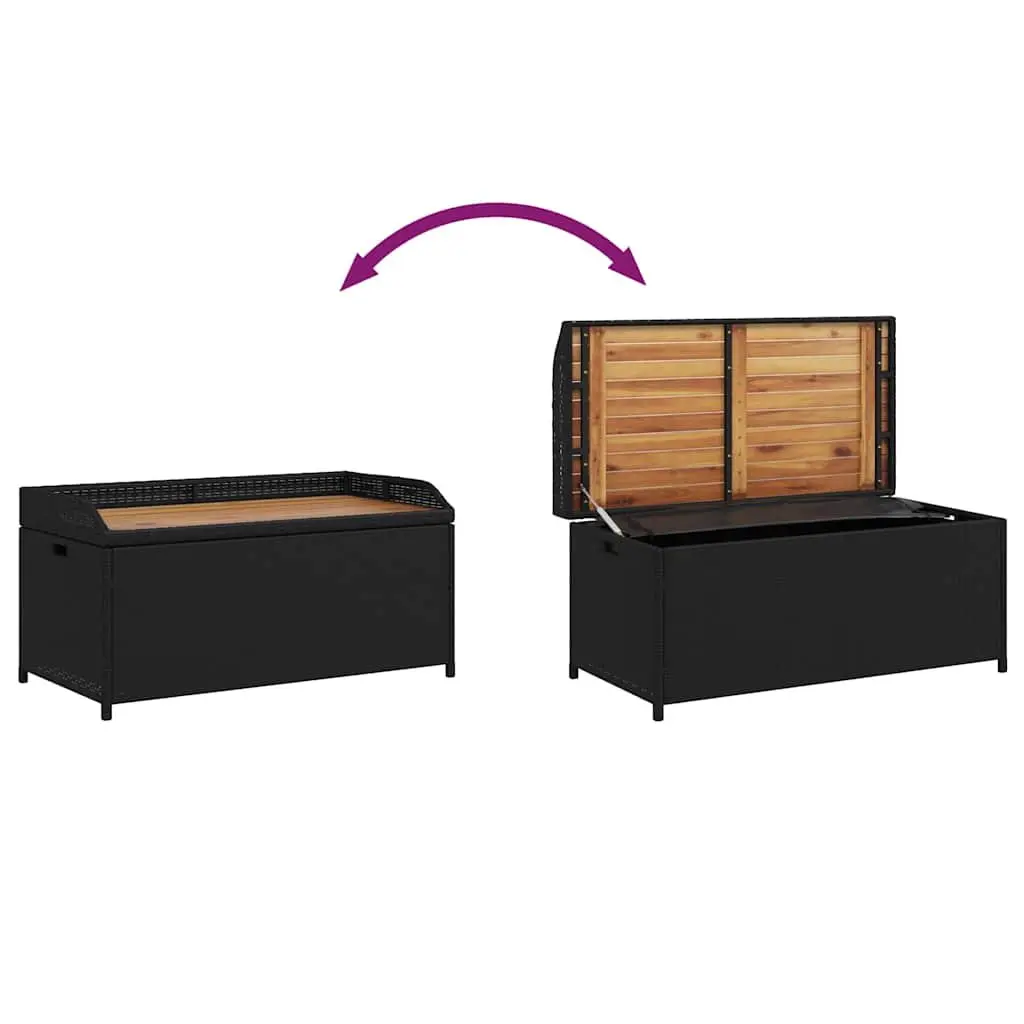Outdoor Storage Bench Black Garden Seating Box PE Rattan Acacia Wood 100x50x52cm