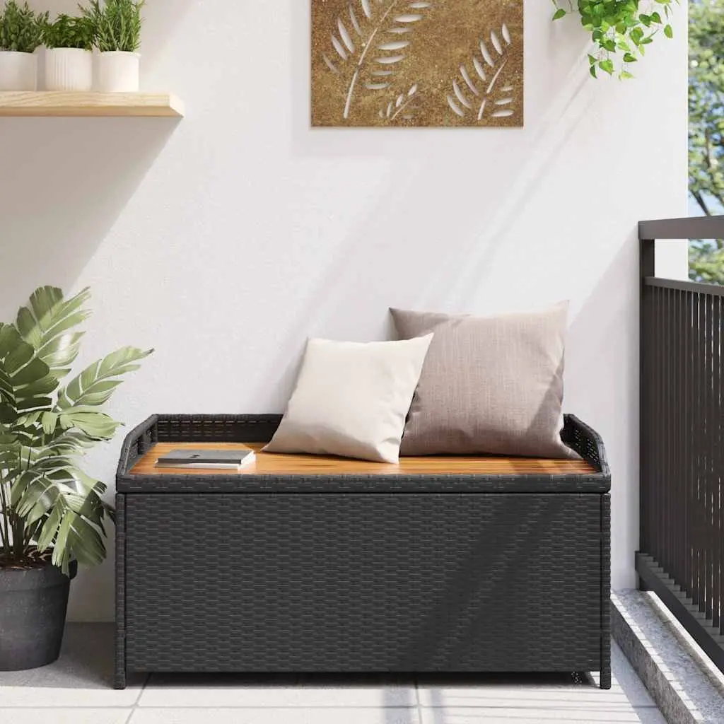 Outdoor Storage Bench Black Garden Seating Box PE Rattan Acacia Wood 100x50x52cm