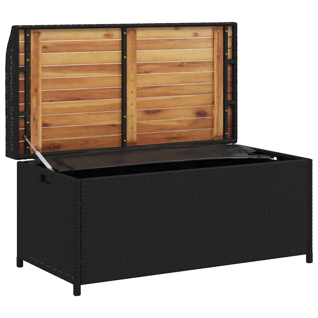 Outdoor Storage Bench Black Garden Seating Box PE Rattan Acacia Wood 100x50x52cm