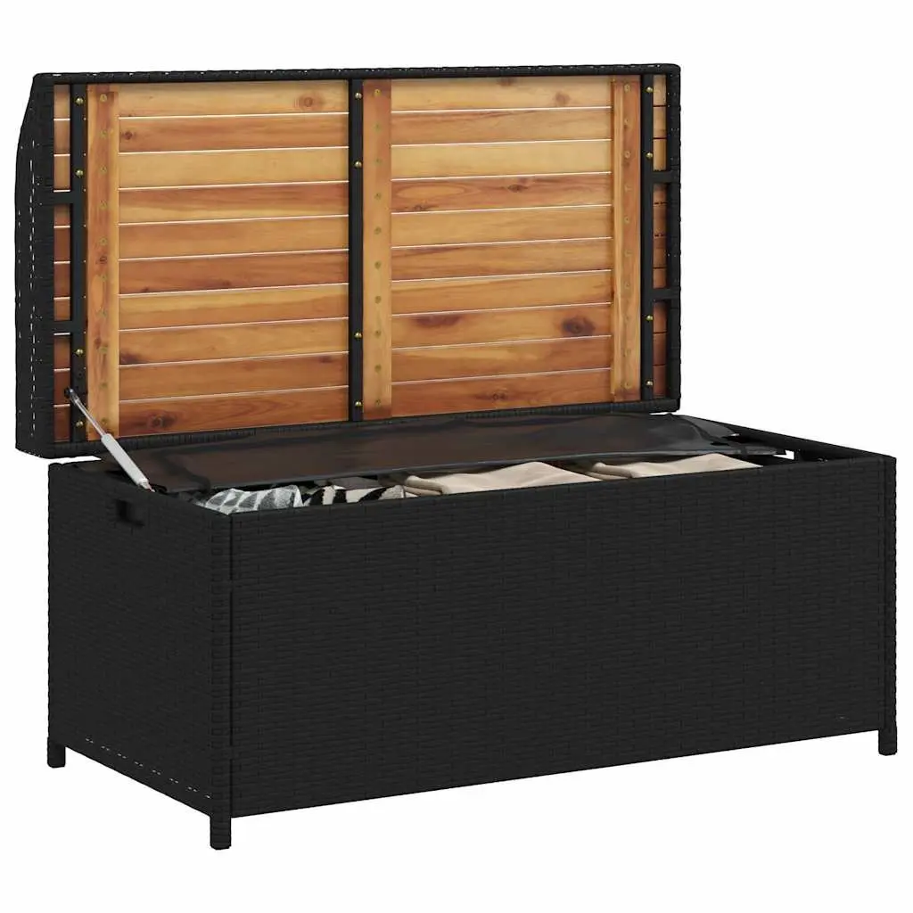 Outdoor Storage Bench Black Garden Seating Box PE Rattan Acacia Wood 100x50x52cm