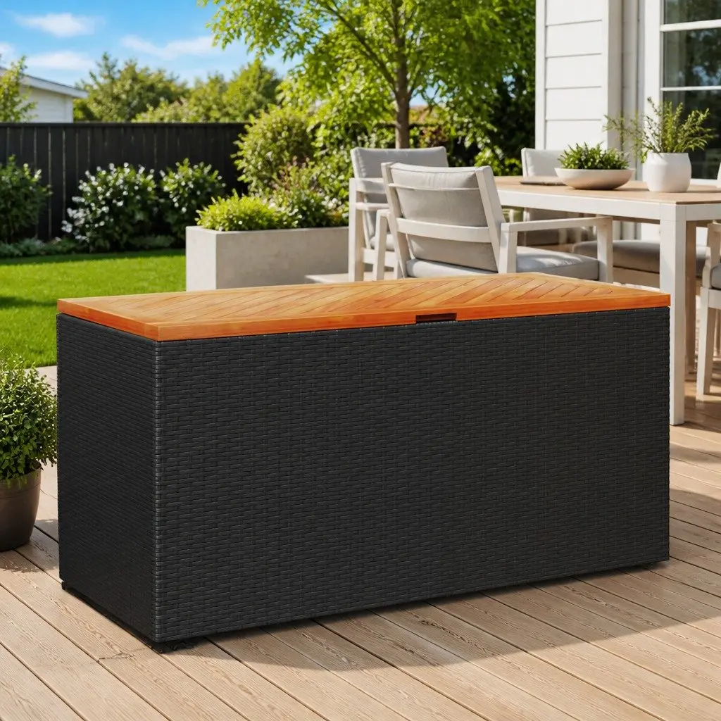 Garden Storage Box Black Outdoor Furniture Bench Seat Poly Rattan Acacia Wood