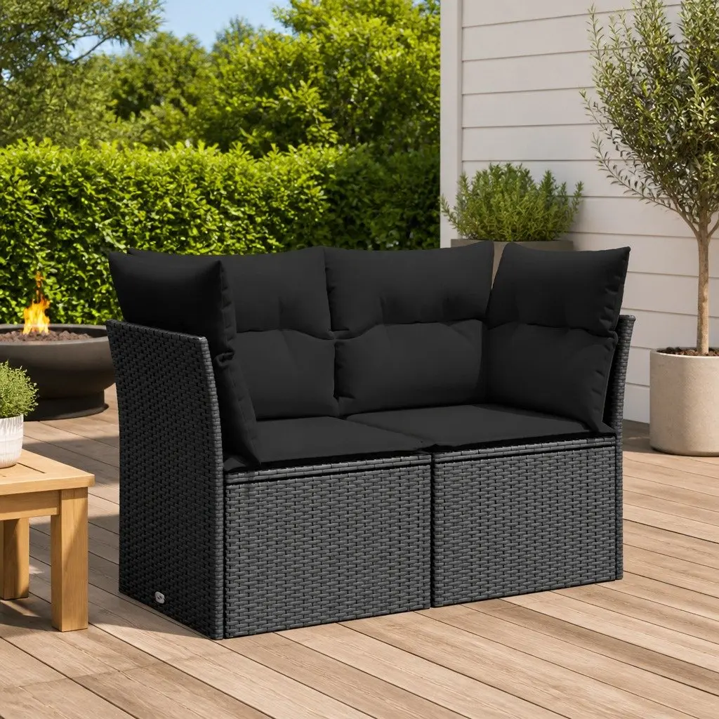 Outdoor Garden Sofa 2-Seater Black Poly Rattan with Cushions