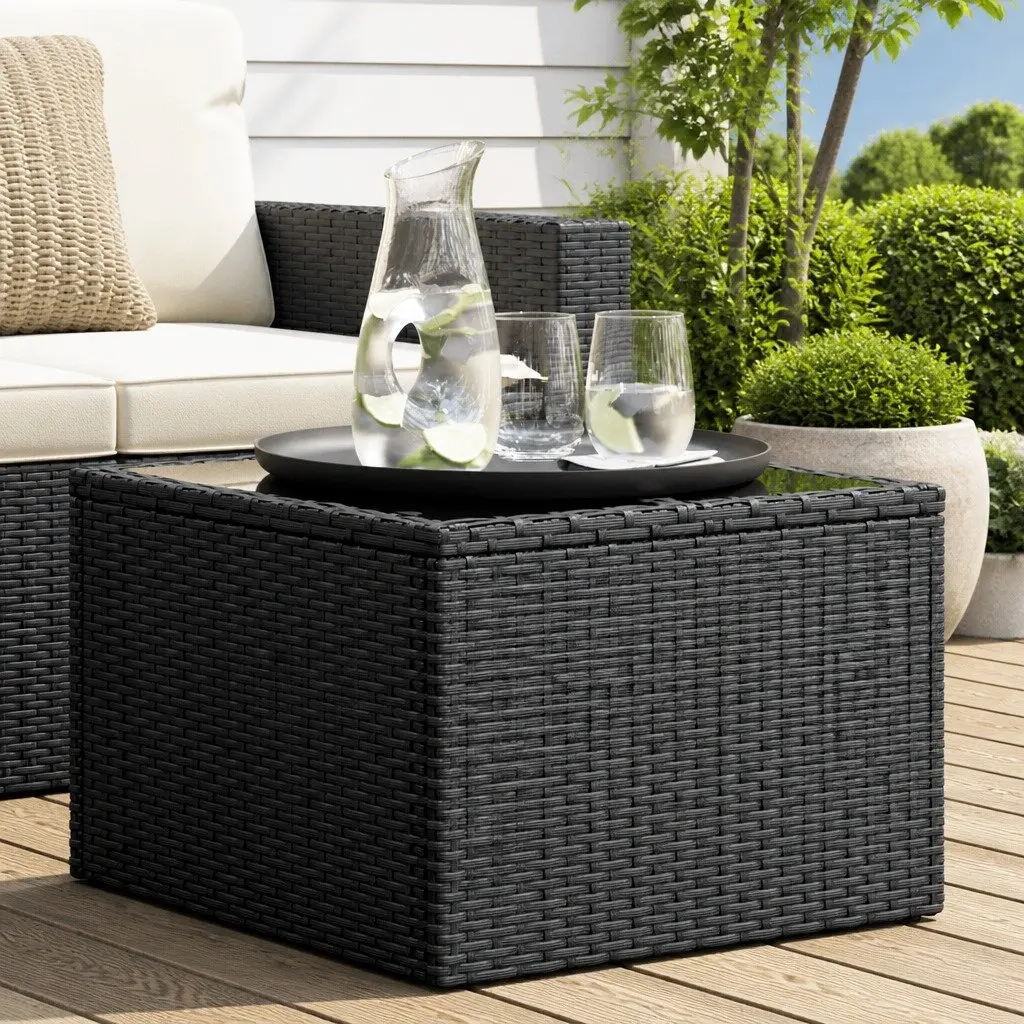 Garden Table Outdoor Use Black Poly Rattan Glass Top 55 x 55 x 37 cm