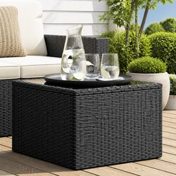 Garden Table Specs: Black Poly Rattan and Glass Top