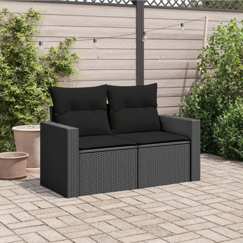 2-Seater Outdoor Garden Sofa with Cushions Black Poly Rattan Patio Furniture
