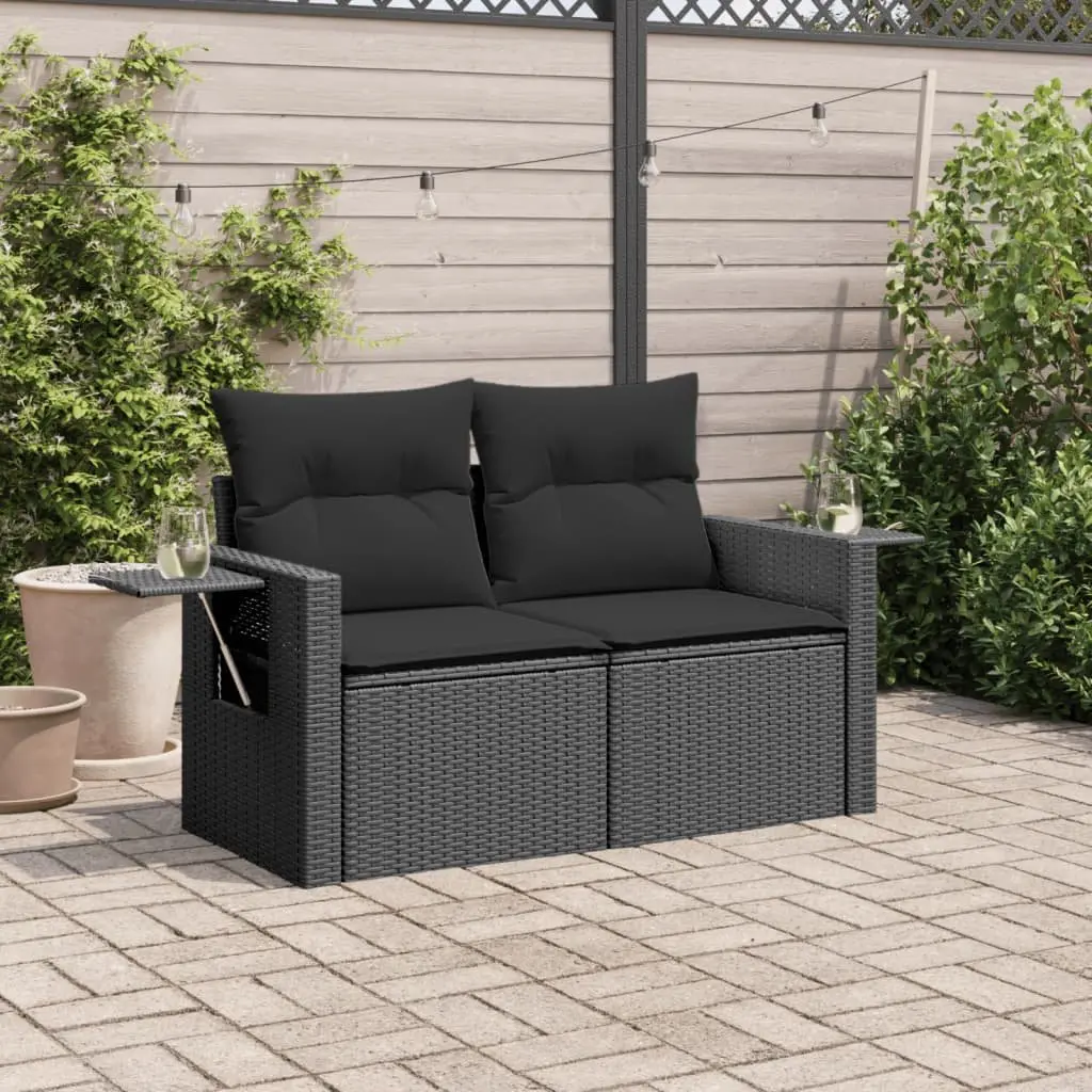 2-Seater Garden Sofa with Cushions and Side Table Outdoor Seating Black Poly Rattan