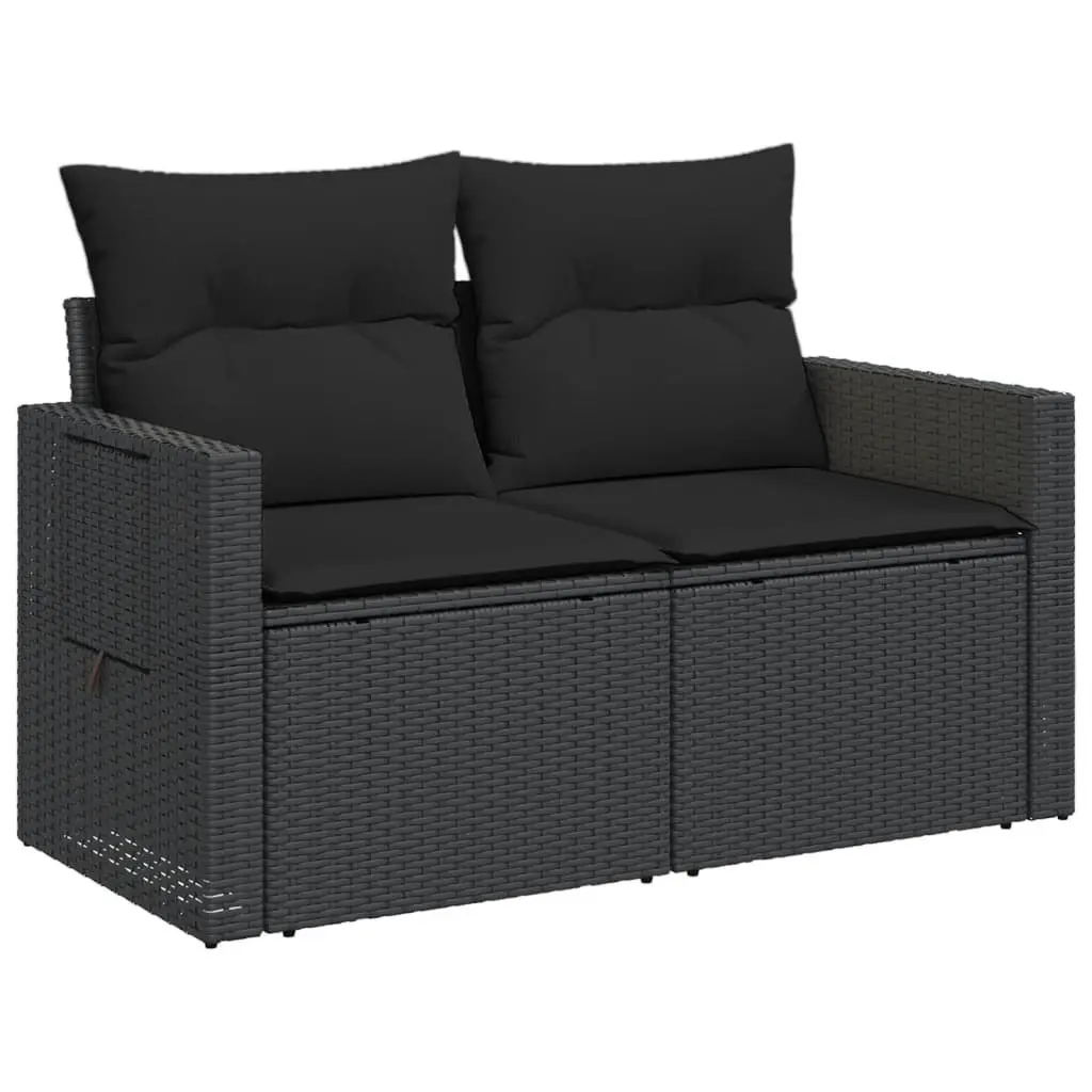 2-Seater Garden Sofa with Cushions and Side Table Outdoor Seating Black Poly Rattan