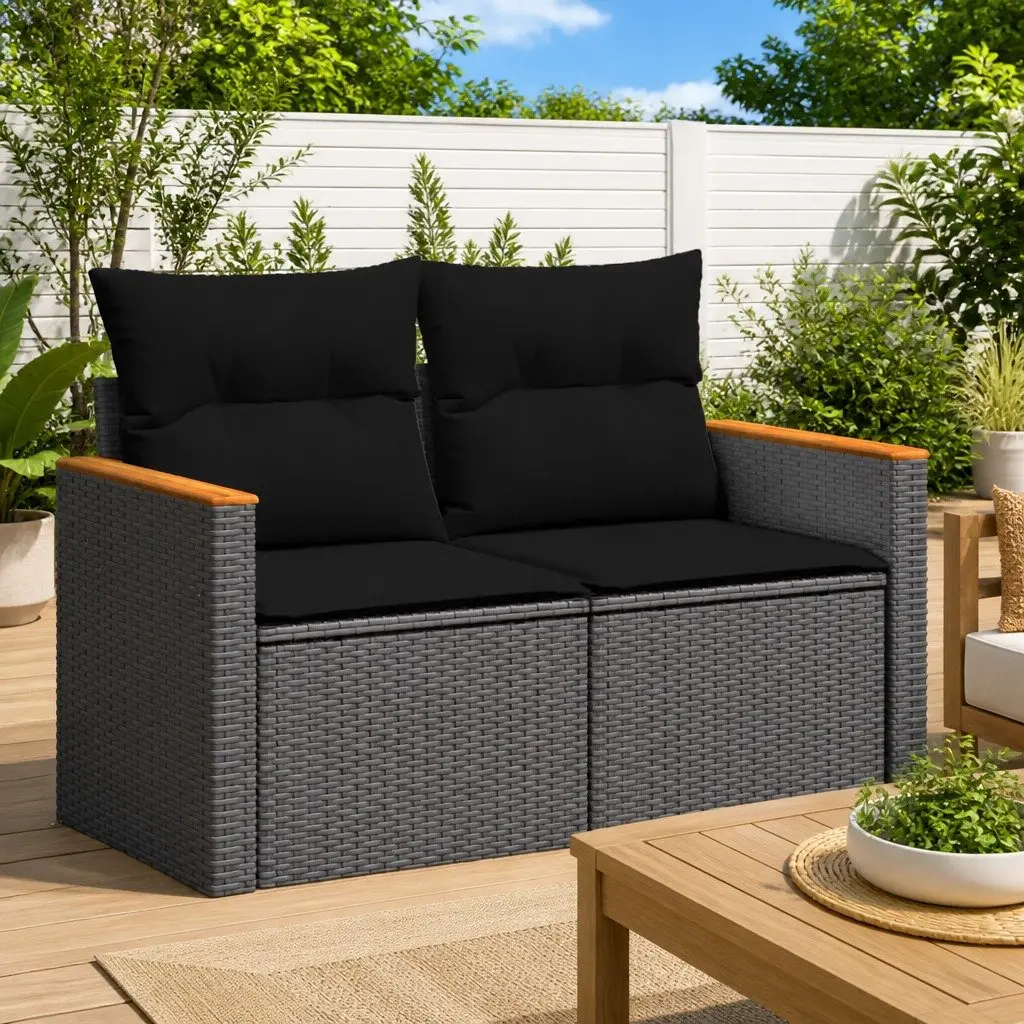 2-Seater Garden Sofa Outdoor Seating Black Poly Rattan