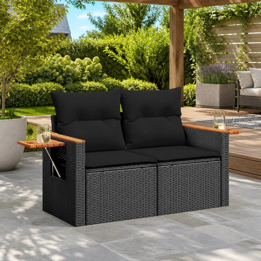 2 Seater Garden Sofa Outdoor Use Black PE Rattan with Cushions and Foldable Side Table