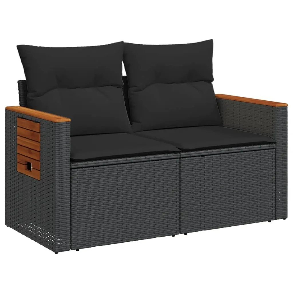 2 Seater Garden Sofa Outdoor Use Black PE Rattan with Cushions and Foldable Side Table