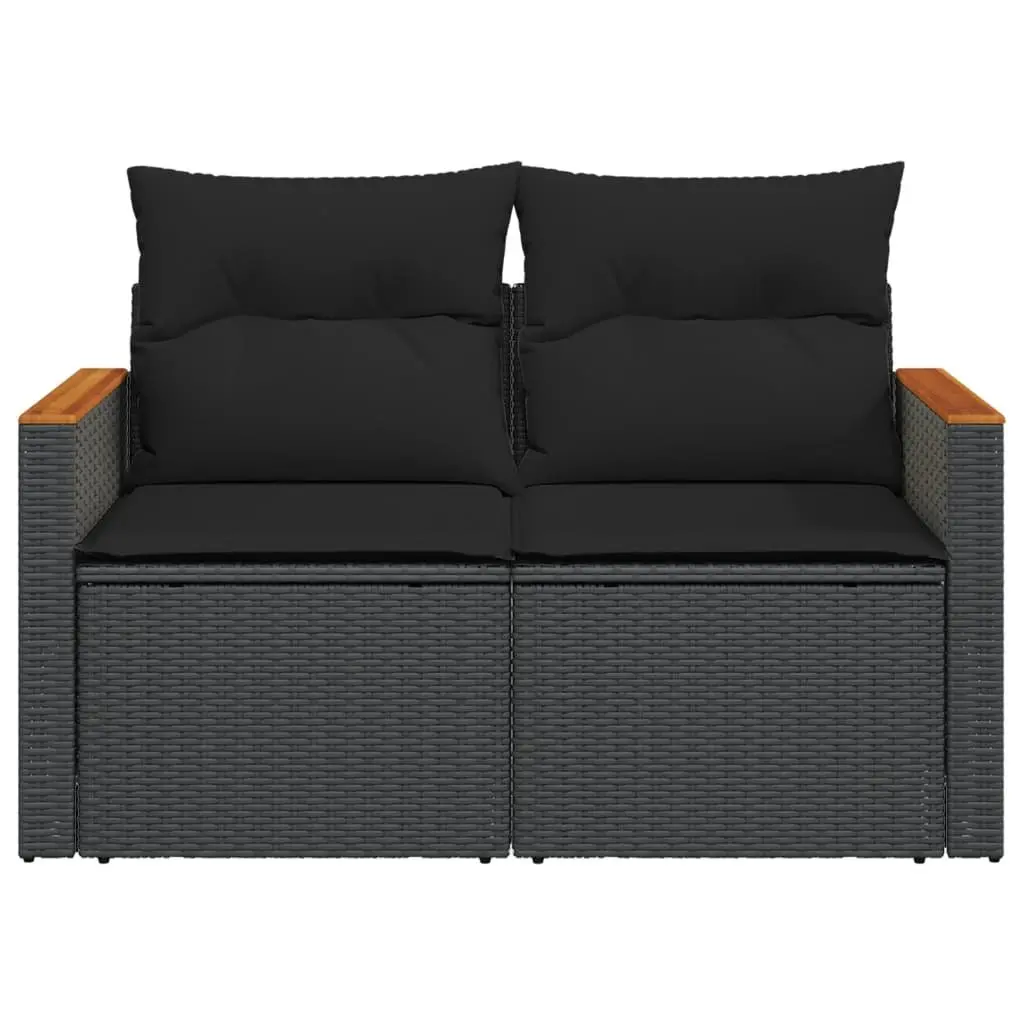 2 Seater Garden Sofa Outdoor Use Black PE Rattan with Cushions and Foldable Side Table
