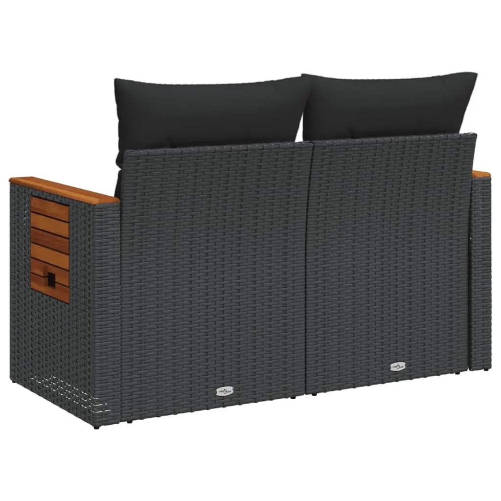2 Seater Garden Sofa Outdoor Use Black PE Rattan with Cushions and Foldable Side Table