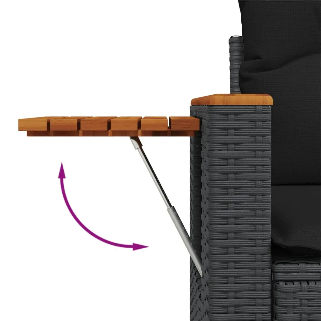 2 Seater Garden Sofa Outdoor Use Black PE Rattan with Cushions and Foldable Side Table