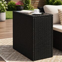 Garden Side Table Outdoor Patio Furniture Black Glass Top Poly Rattan Frame