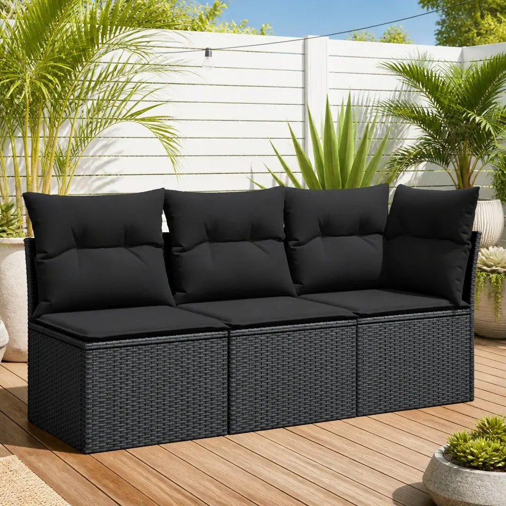 3-Seater Outdoor Garden Sofa Black Poly Rattan with Storage Cushions Modular