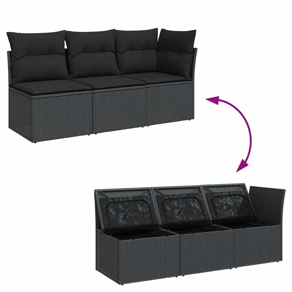 3-Seater Outdoor Garden Sofa Black Poly Rattan with Storage Cushions Modular