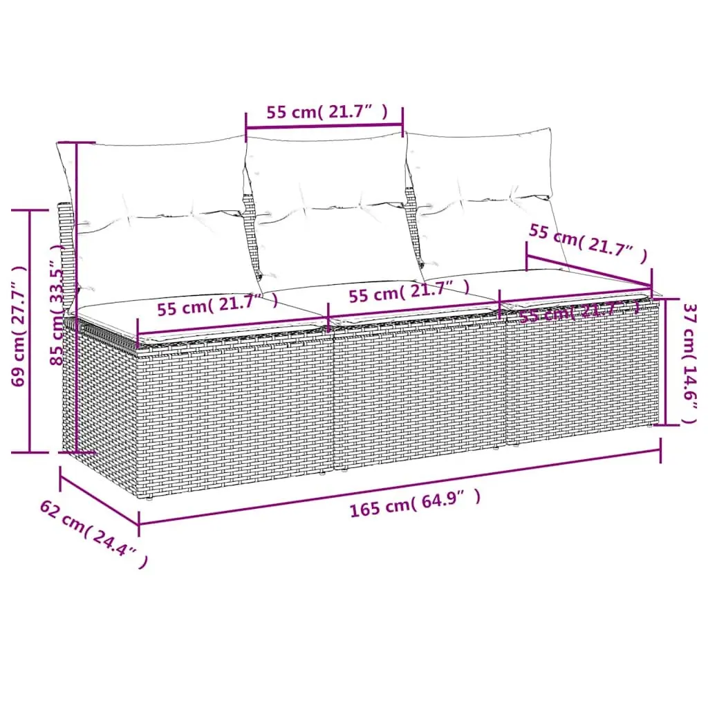 3-Seater Garden Sofa Outdoor Patio Furniture Black Rattan