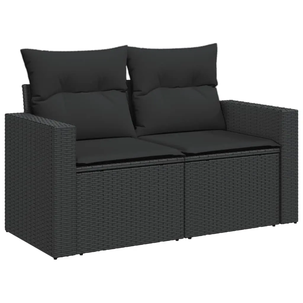 Outdoor 2-Seater Sofa for Garden with Cushions and Storage Compartment in Black Poly Rattan