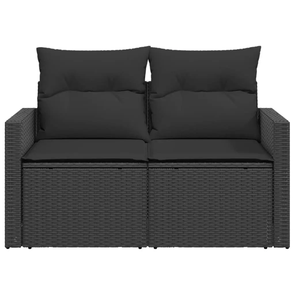 Outdoor 2-Seater Sofa for Garden with Cushions and Storage Compartment in Black Poly Rattan