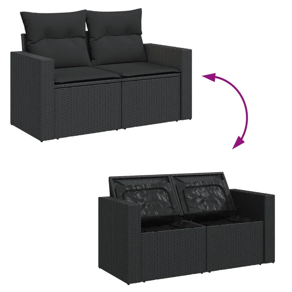 Outdoor 2-Seater Sofa for Garden with Cushions and Storage Compartment in Black Poly Rattan