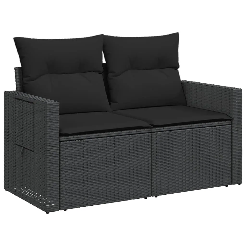 2-Seater Black Poly Rattan Garden Sofa for Outdoor Use with Cushions and Storage Side Table