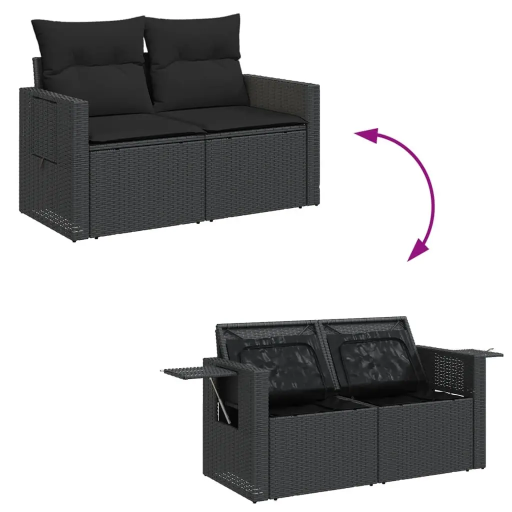 2-Seater Black Poly Rattan Garden Sofa for Outdoor Use with Cushions and Storage Side Table