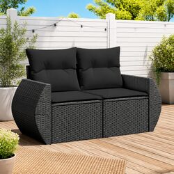 Outdoor Garden Sofa 2-Seater with Cushions Storage Black Poly Rattan Patio Seat
