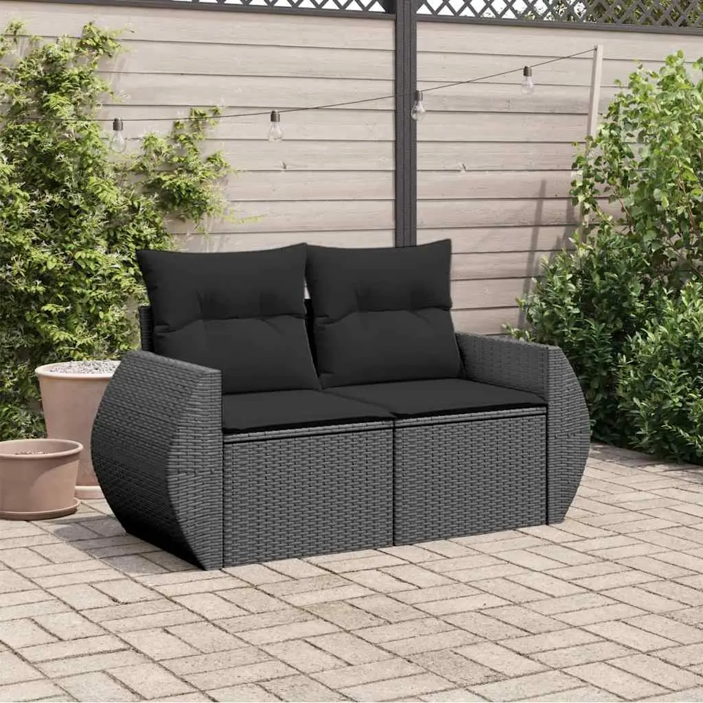 Outdoor Garden Sofa 2-Seater Black Poly Rattan with Cushions and Storage