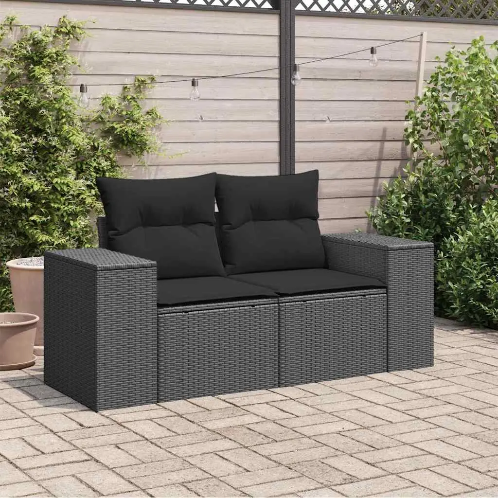 2SeaterGardenSofaOutdoorFurnitureBlackRattanModularDesignWithCushionsAndStorageCompartment